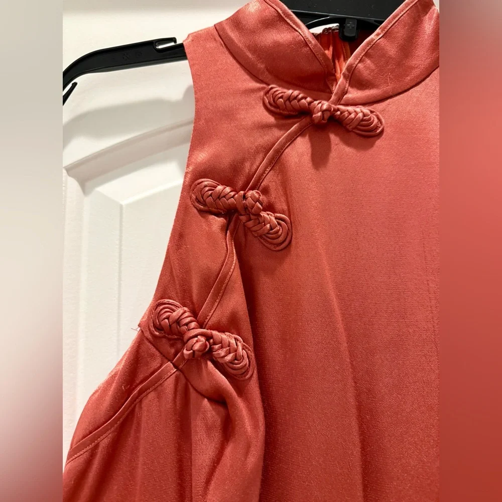 Elegant Terracotta Satin High Neck Sleeveless Gown. - Picture 4 of 9